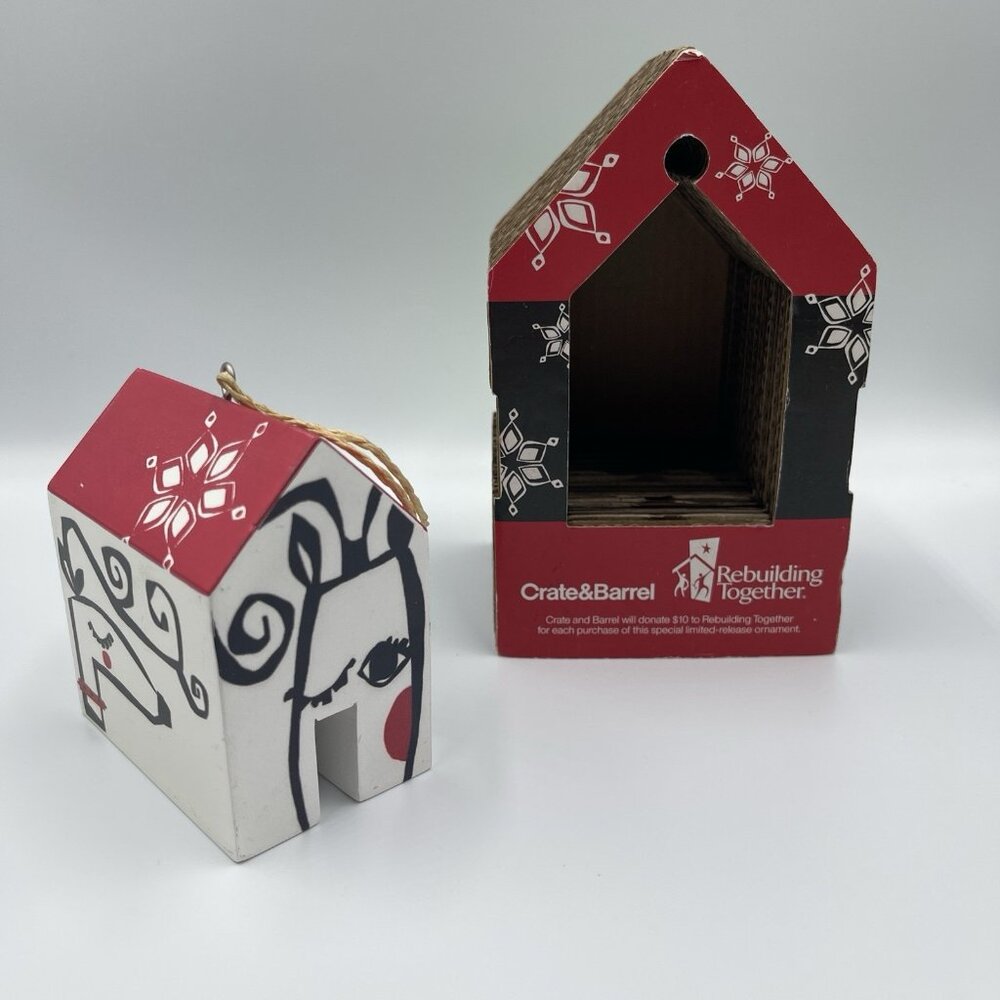 2015 Crate & Barrel Jane Dixon Wooden House Christmas Ornament Hearts & Home